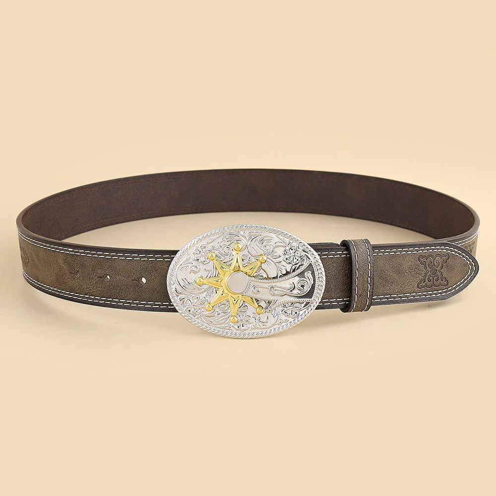 Men's Western Cowboy Silver Carved Buckle Belt