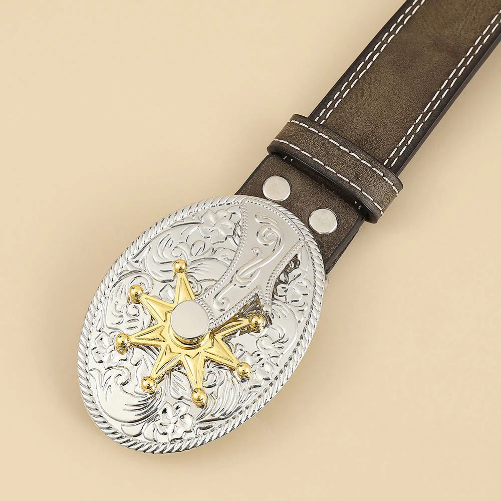Men's Western Cowboy Silver Carved Buckle Belt - Image 2