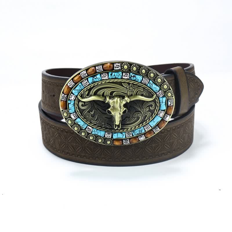 Men's Western Cowboy Turquoise Bull Leather Belt - Image 16