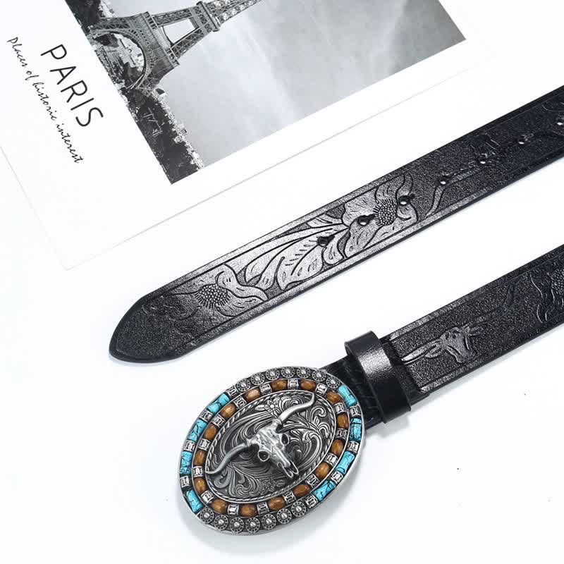 Men's Western Cowboy Turquoise Bull Leather Belt - Image 21