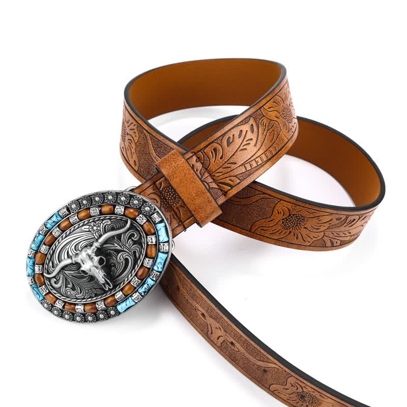Men's Western Cowboy Turquoise Bull Leather Belt - Image 4