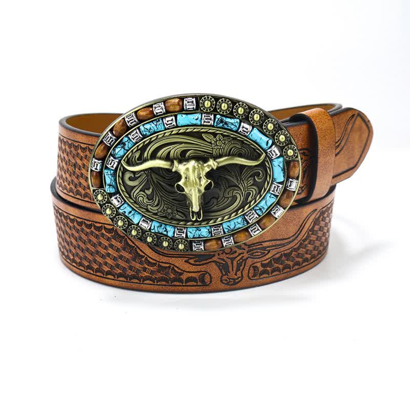 Men's Western Cowboy Turquoise Bull Leather Belt - Image 9