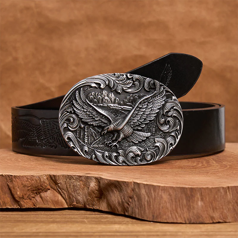 Men's Western Flying Eagle Embossed Buckle Leather Belt - Image 5