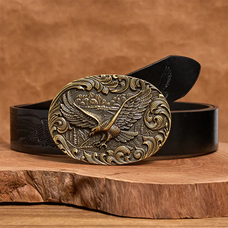 Men's Western Flying Eagle Embossed Buckle Leather Belt - Image 6