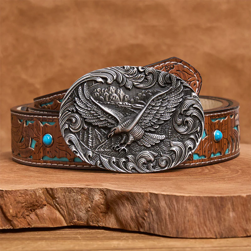 Men's Western Flying Eagle Embossed Buckle Leather Belt - Image 7