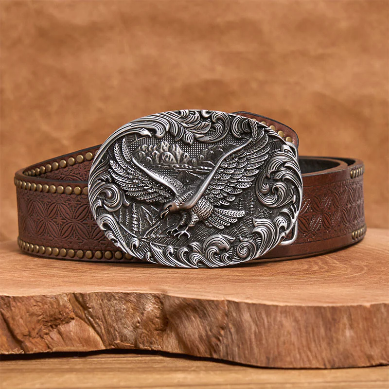 Men's Western Flying Eagle Embossed Buckle Leather Belt - Image 9