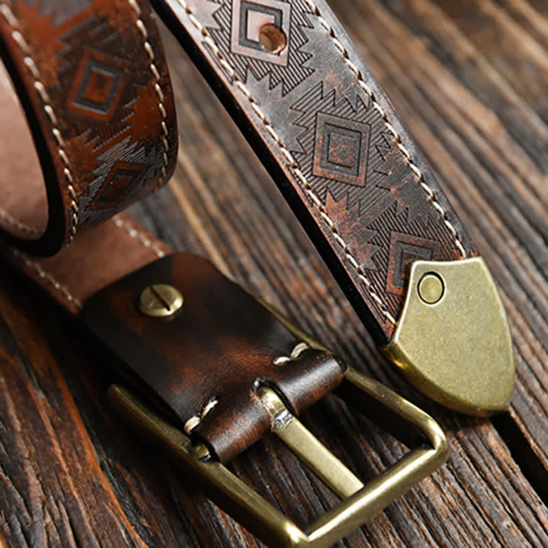 Men's Western Geometric Pattern Leather Belt - Image 11
