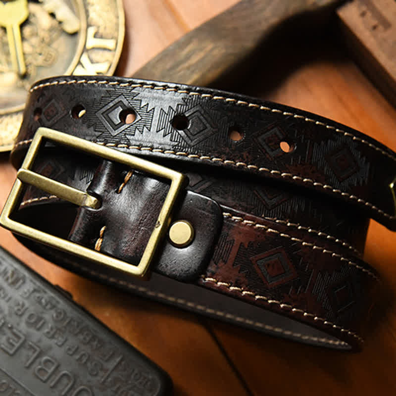 Men's Western Geometric Pattern Leather Belt - Image 7