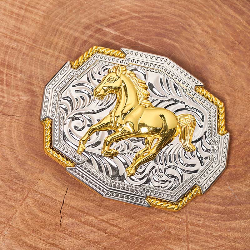 Men's Western Gold And Silver Relief Galloping Horse Buckle Leather Belt - Image 2