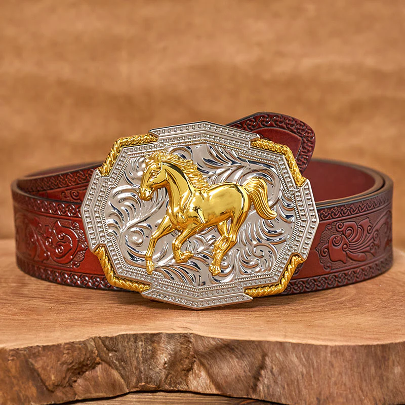 Men's Western Gold And Silver Relief Galloping Horse Buckle Leather Belt - Image 7