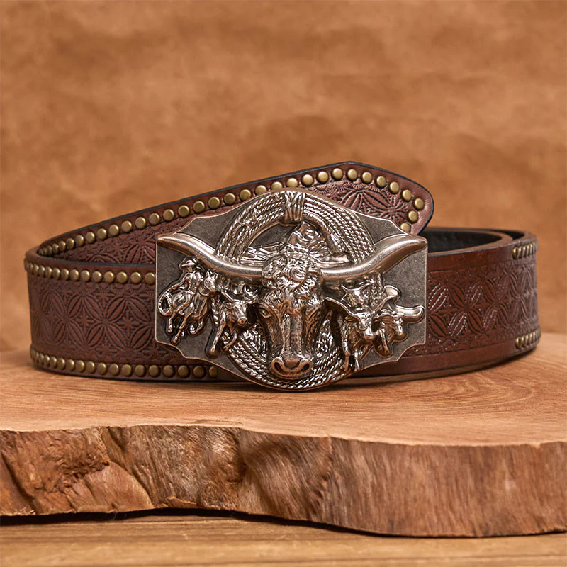 Men's Western Golden & Sliver Bull Head Buckle Leather Belt - Image 10