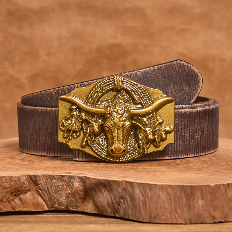 Men's Western Golden & Sliver Bull Head Buckle Leather Belt - Image 11
