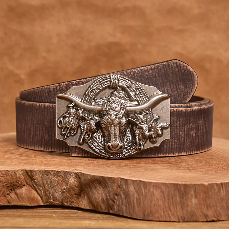 Men's Western Golden & Sliver Bull Head Buckle Leather Belt - Image 12