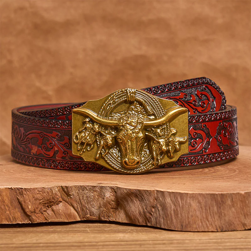Men's Western Golden & Sliver Bull Head Buckle Leather Belt - Image 13