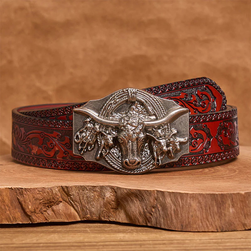 Men's Western Golden & Sliver Bull Head Buckle Leather Belt - Image 14