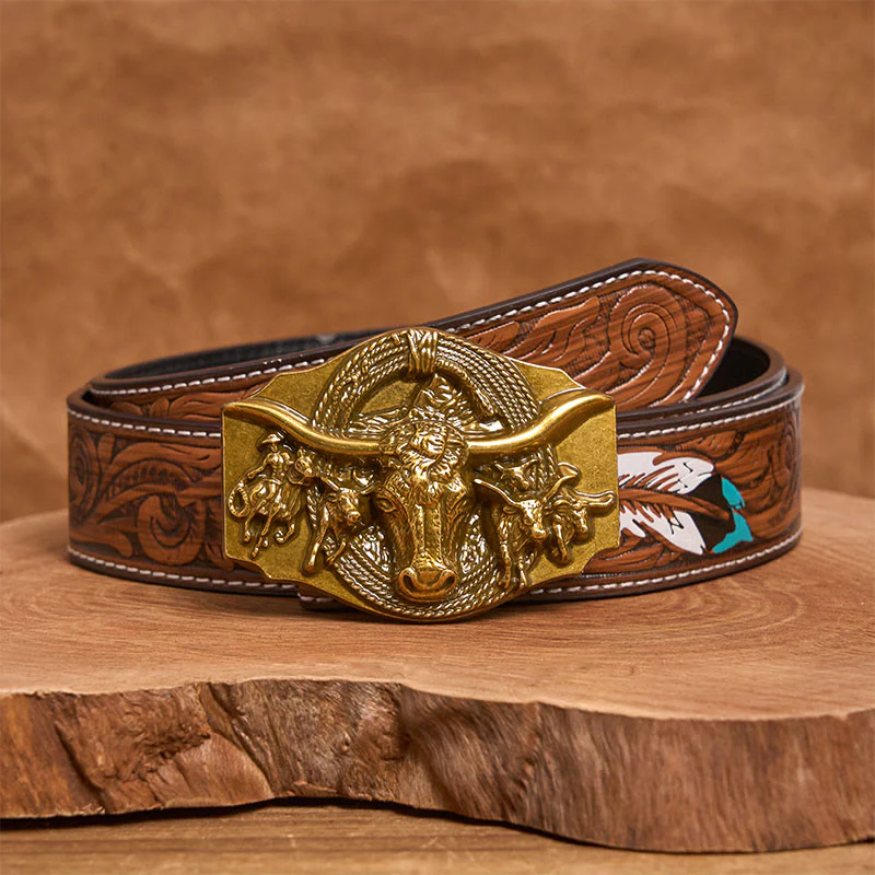 Men's Western Golden & Sliver Bull Head Buckle Leather Belt - Image 15