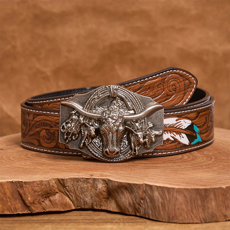 Men's Western Golden & Sliver Bull Head Buckle Leather Belt - Image 16