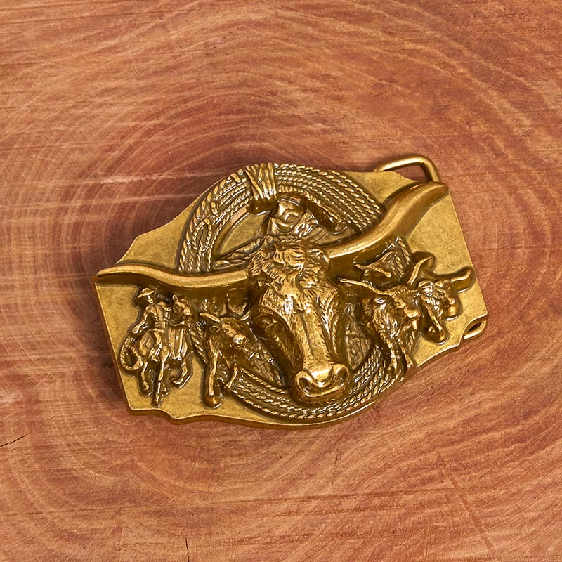 Men's Western Golden & Sliver Bull Head Buckle Leather Belt - Image 3