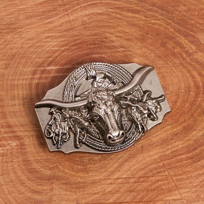Men's Western Golden & Sliver Bull Head Buckle Leather Belt - Image 4