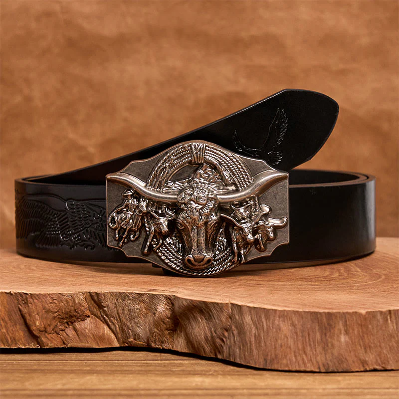 Men's Western Golden & Sliver Bull Head Buckle Leather Belt - Image 6
