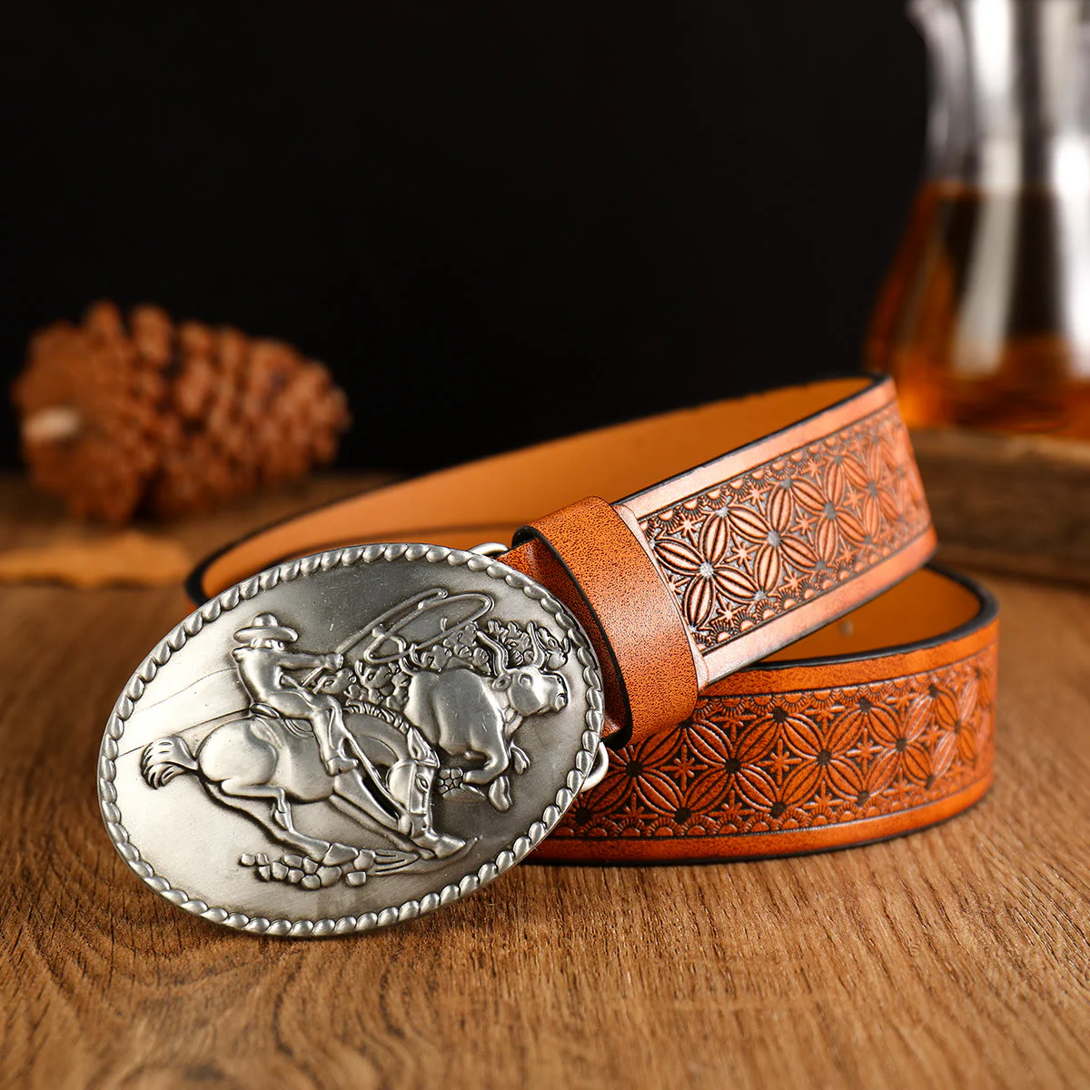 Men's Western Horse Riding Buckle Brown Leather Belt - Image 3