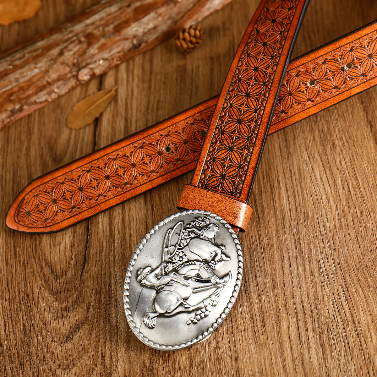 Men's Western Horse Riding Buckle Brown Leather Belt - Image 4