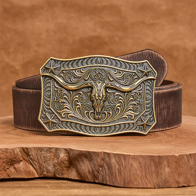 Men's Western Longhorn Skull Ornate Buckle Leather Belt - Image 11