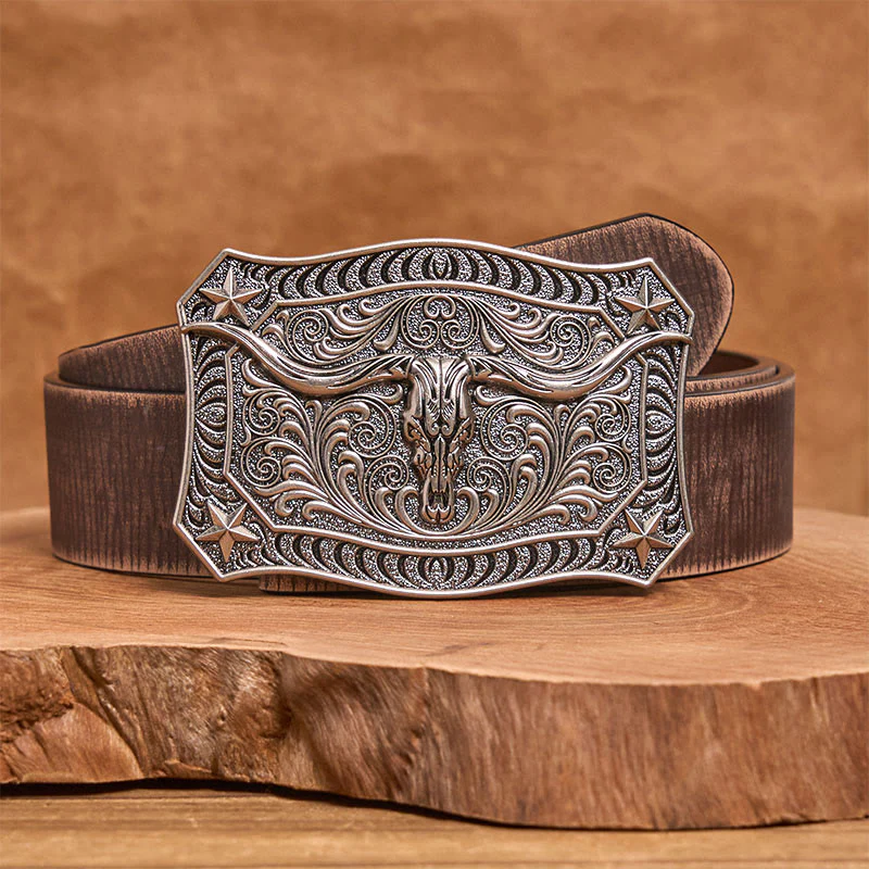 Men's Western Longhorn Skull Ornate Buckle Leather Belt - Image 12