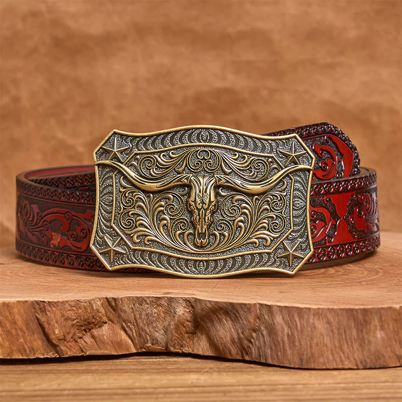 Men's Western Longhorn Skull Ornate Buckle Leather Belt - Image 13