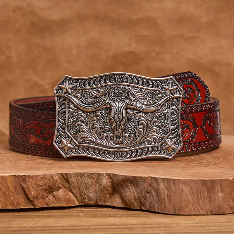 Men's Western Longhorn Skull Ornate Buckle Leather Belt - Image 14