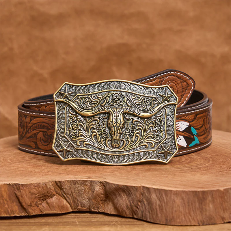 Men's Western Longhorn Skull Ornate Buckle Leather Belt - Image 15