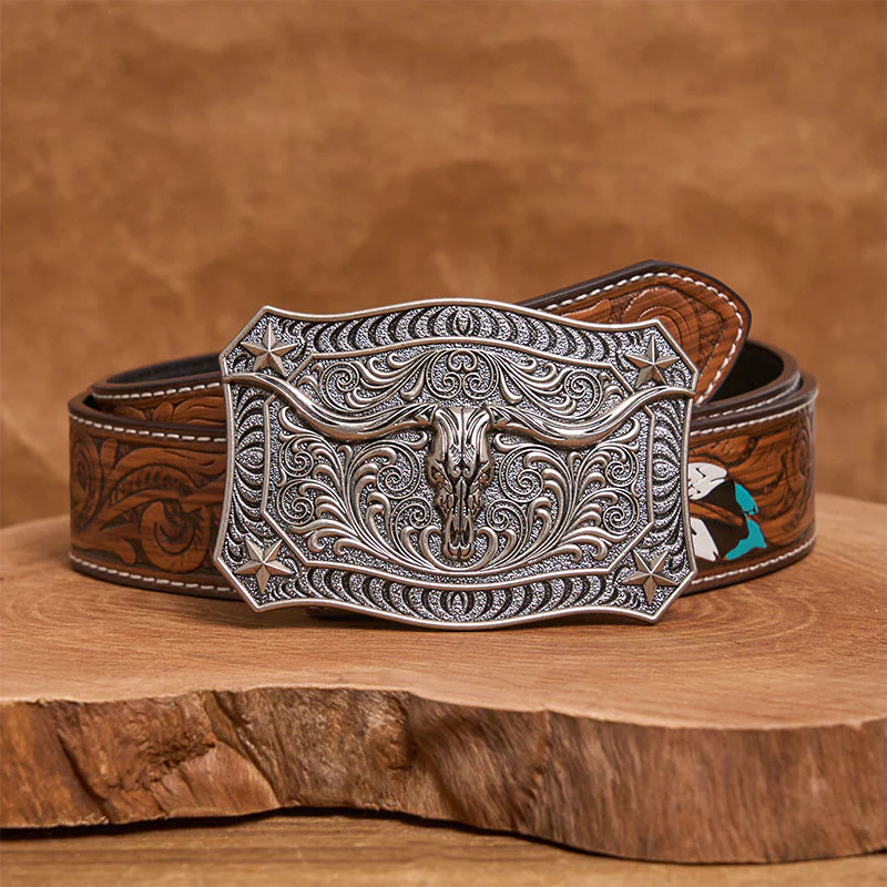 Men's Western Longhorn Skull Ornate Buckle Leather Belt - Image 16