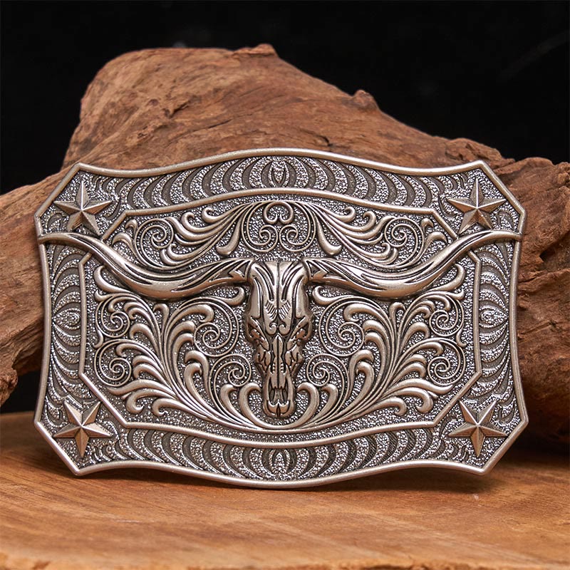 Men's Western Longhorn Skull Ornate Buckle Leather Belt - Image 3
