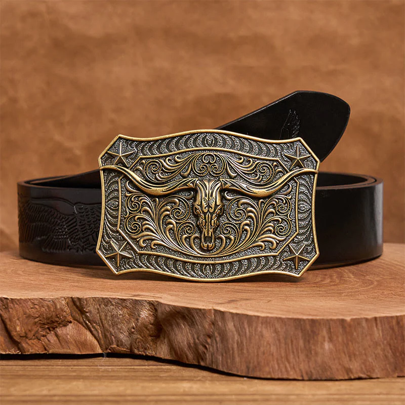 Men's Western Longhorn Skull Ornate Buckle Leather Belt - Image 5