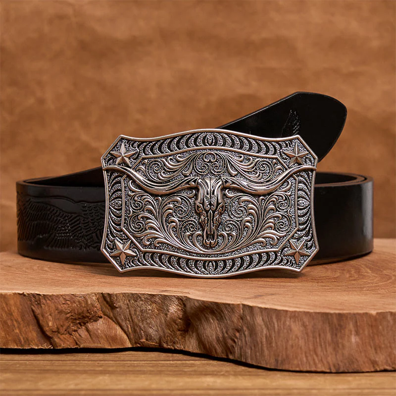 Men's Western Longhorn Skull Ornate Buckle Leather Belt - Image 6