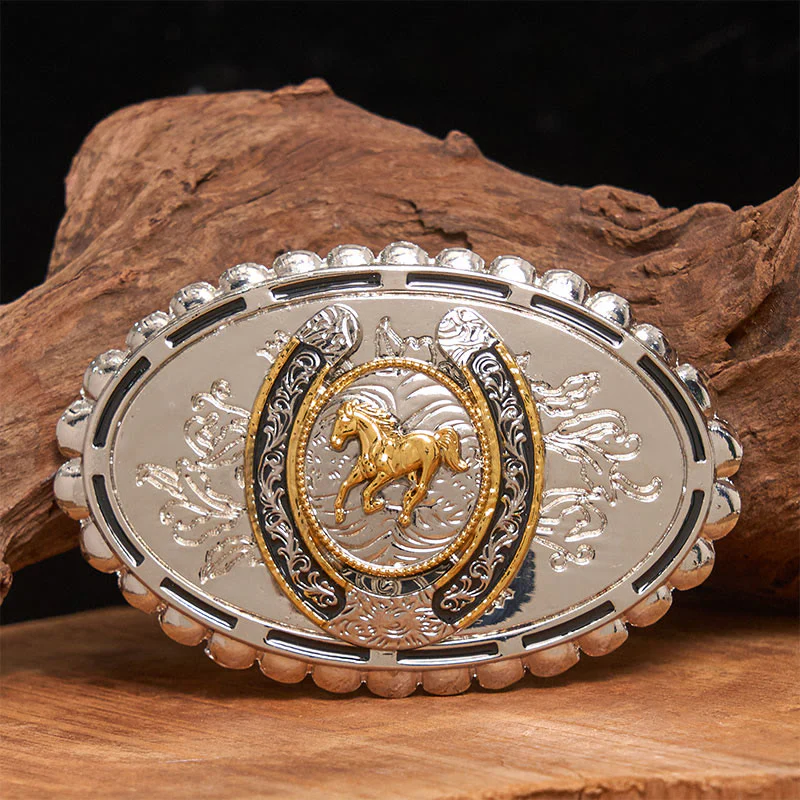Men's Western Silver Carved Golden Horse Ellipse Buckle Leather Belt