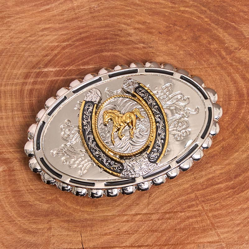 Men's Western Silver Carved Golden Horse Ellipse Buckle Leather Belt - Image 2