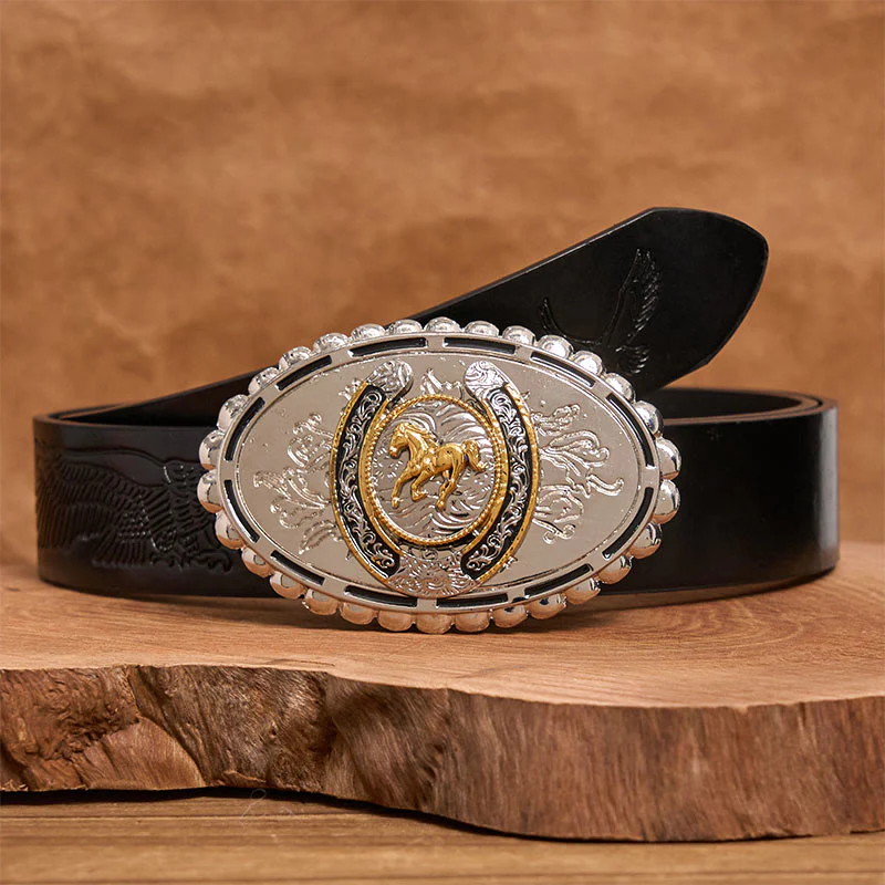 Men's Western Silver Carved Golden Horse Ellipse Buckle Leather Belt - Image 3