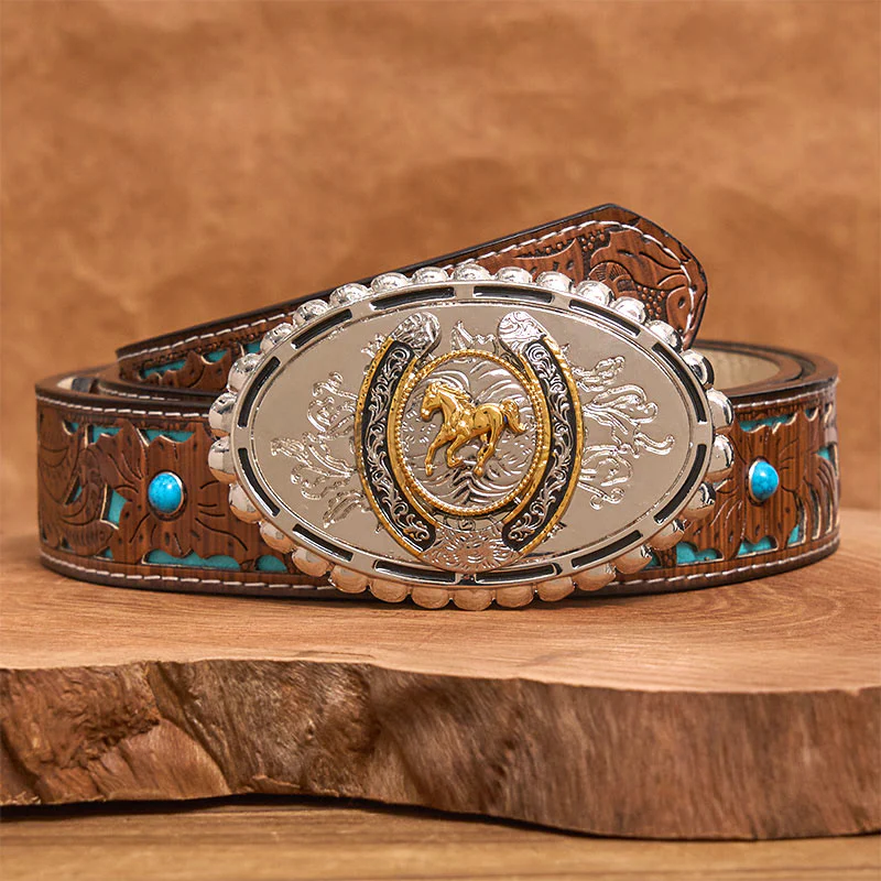 Men's Western Silver Carved Golden Horse Ellipse Buckle Leather Belt - Image 4