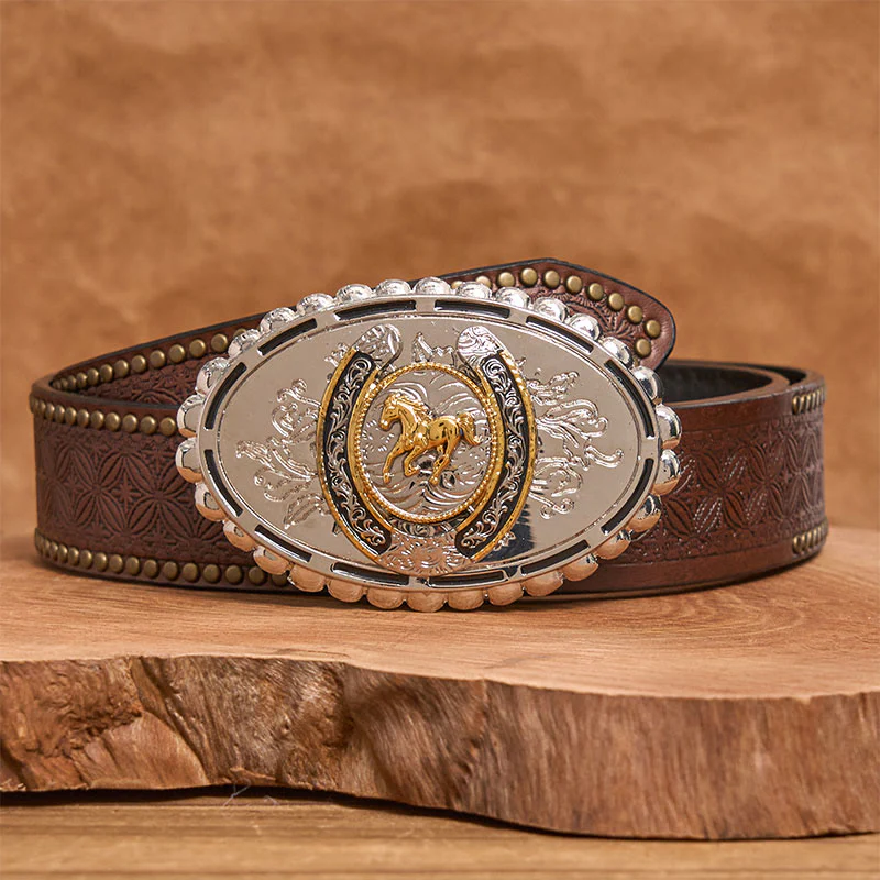 Men's Western Silver Carved Golden Horse Ellipse Buckle Leather Belt - Image 5