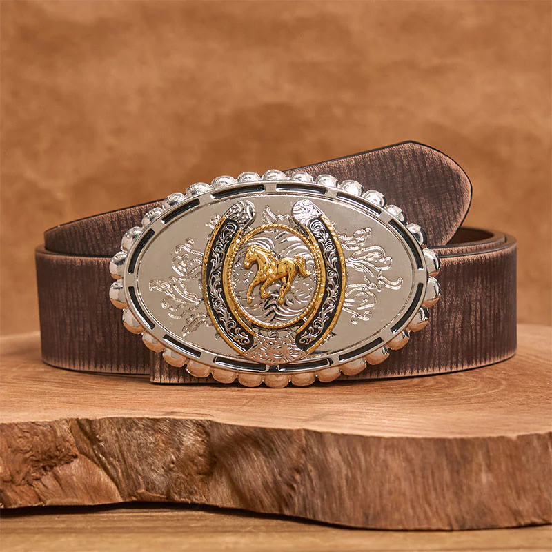 Men's Western Silver Carved Golden Horse Ellipse Buckle Leather Belt - Image 6