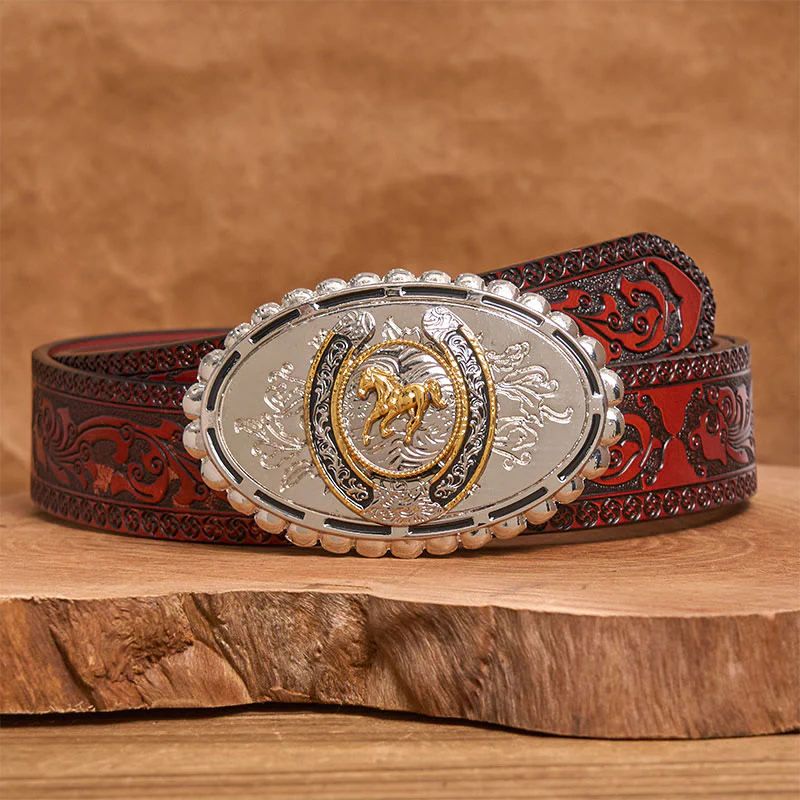 Men's Western Silver Carved Golden Horse Ellipse Buckle Leather Belt - Image 7