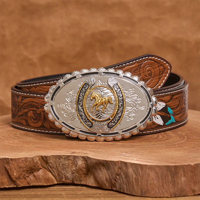 Men's Western Silver Carved Golden Horse Ellipse Buckle Leather Belt - Image 8