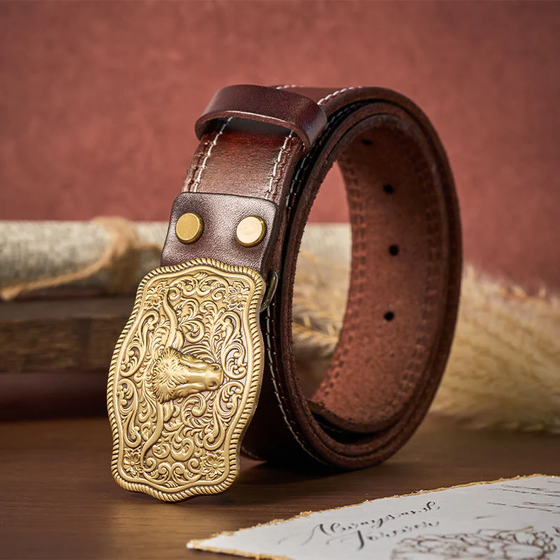 Men's Western Style Copper Bullhead Buckle Embossed Leather Belt - Image 6