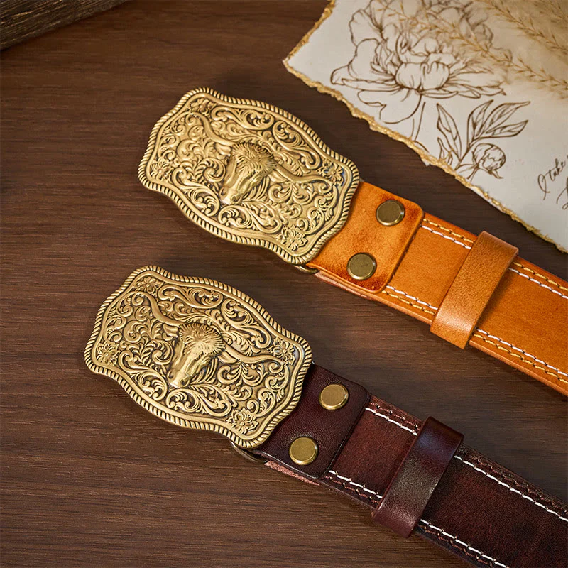 Men's Western Style Copper Bullhead Buckle Embossed Leather Belt - Image 8