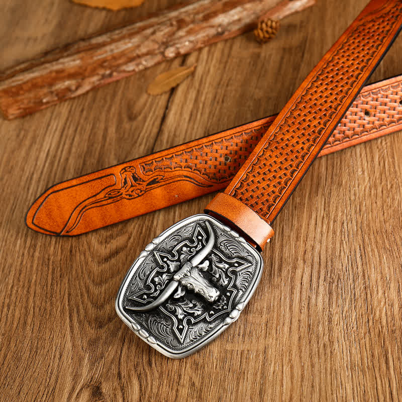 Men's Western Style Cow Head Printed Leather Belt - Image 10