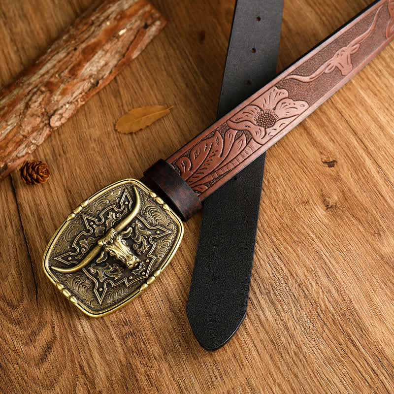 Men's Western Style Cow Head Printed Leather Belt - Image 2