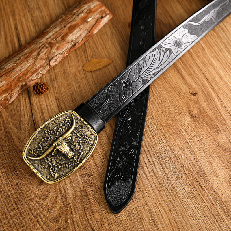 Men's Western Style Cow Head Printed Leather Belt - Image 7