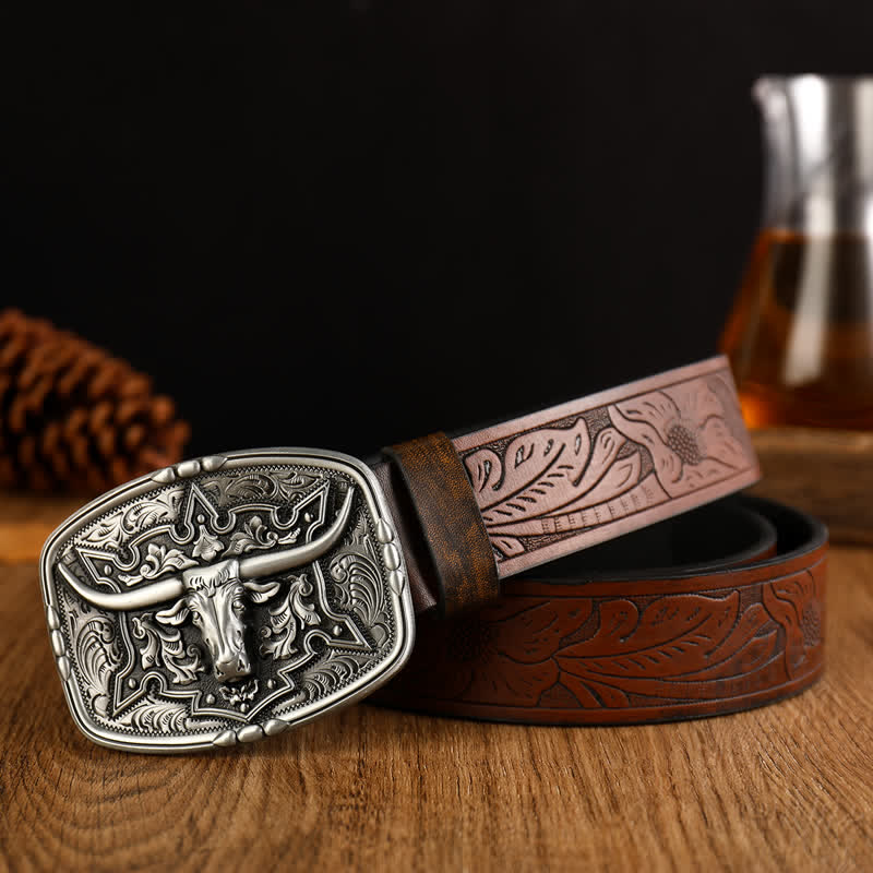 Men's Western Style Cow Head Printed Leather Belt - Image 8
