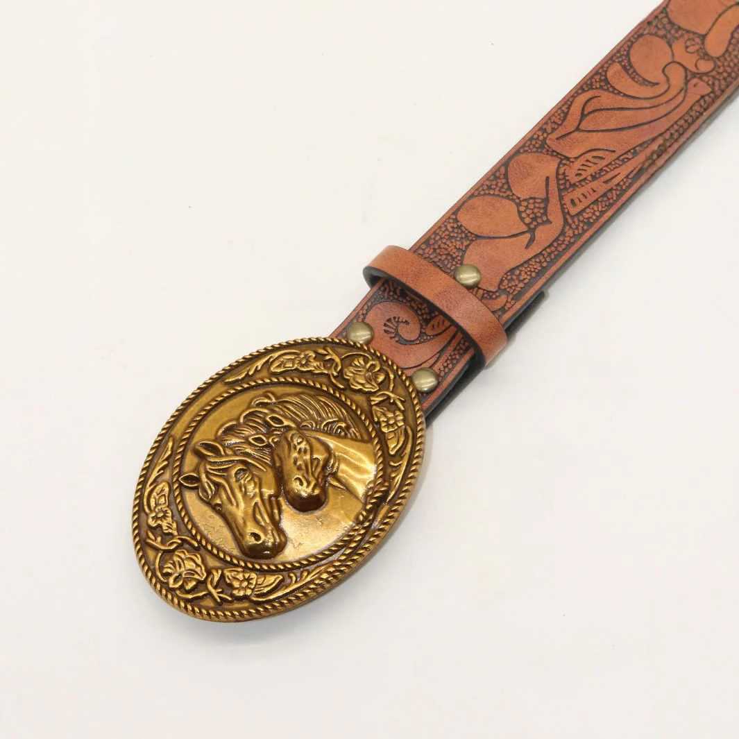 Men's Western Style Double Horsehead Buckle Embossed Leather Belt - Image 2
